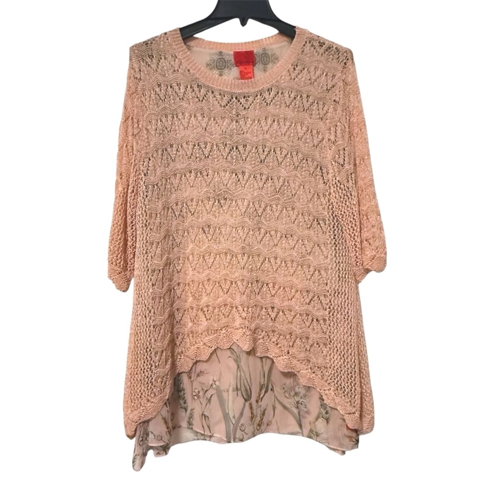 V Cristina‎ Crochet Knit Top Pink Floral Layered Keyhole Back Women XL